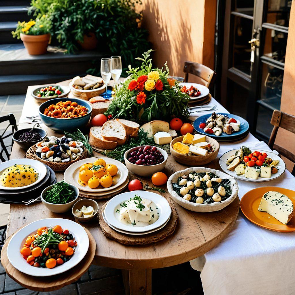 A vibrant Mediterranean table spread with colorful dishes representing Bagnidelfino's rich food culture, showcasing family feasts and casual bites. Include traditional Italian elements like rustic bread, a variety of cheeses, fresh seafood, and regional vegetables. Surround the table with smiling families and friends enjoying the meal, under a sunny patio adorned with flowers. Capture the essence of warmth and togetherness. super-realistic. vibrant colors. outdoor setting.