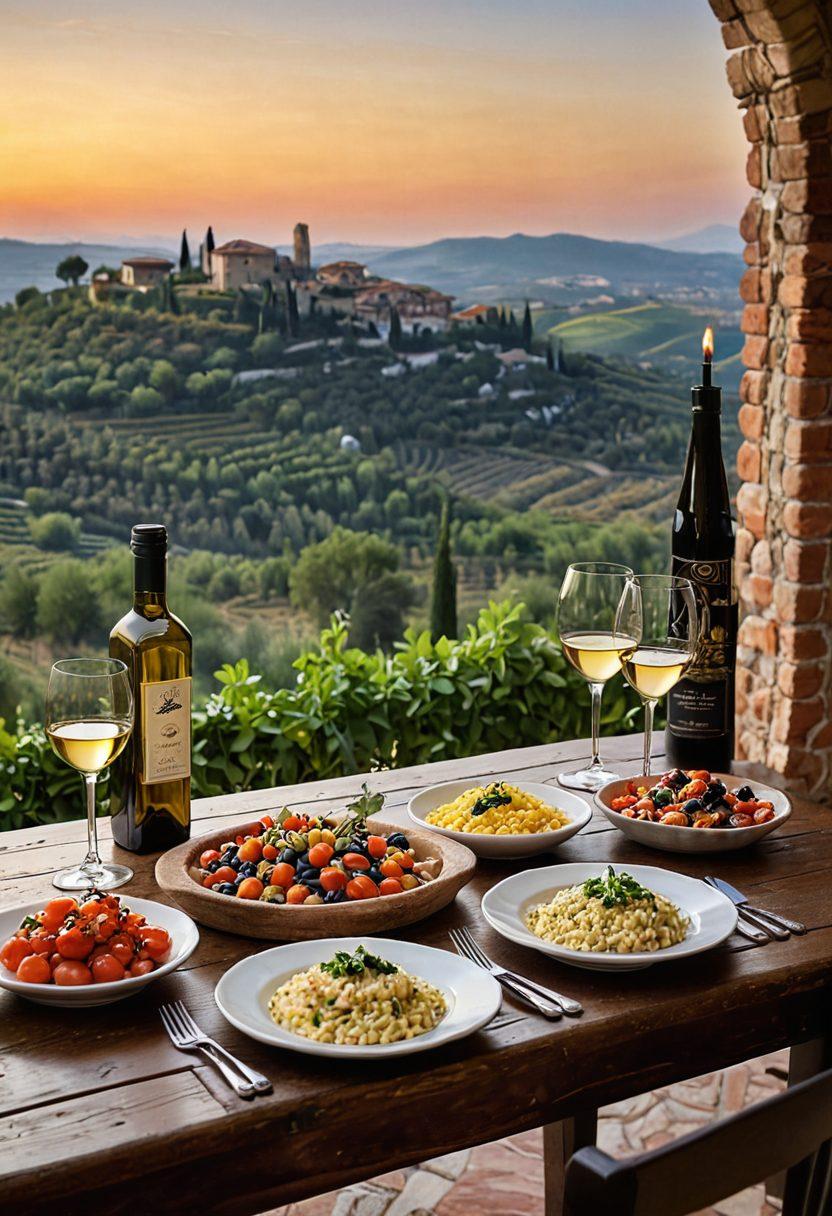 A beautifully arranged table featuring traditional Italian dishes such as pasta, risotto, and bruschetta, with a backdrop of vineyards and rustic Italian architecture. Soft candlelight enhances the romantic atmosphere while Tuscan hills are visible in the distance. Include a bottle of fine Italian wine and a small olive oil dish for a touch of authenticity. The scene should exude warmth and conviviality. super-realistic. vibrant colors. soft focus.