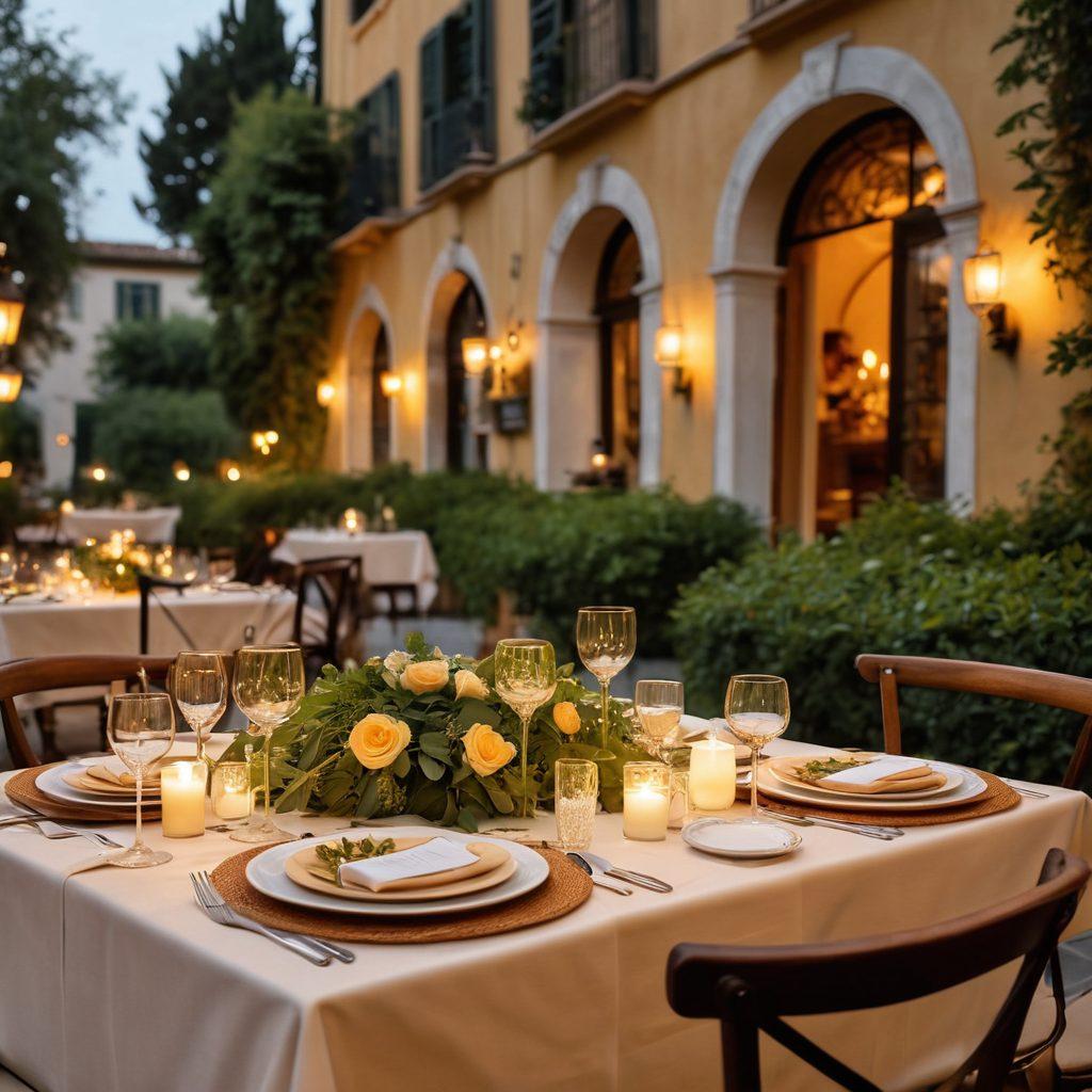 A beautifully set table outdoors at dusk, adorned with traditional Italian dishes like pasta, risotto, and fine cheeses, surrounded by lush landscapes. Soft candlelight flickers, casting warm hues on the table, with a backdrop of historic Italian architecture. Incorporate elements of elegance, such as fine wine glasses and intricate cutlery. The scene should evoke a sense of luxury and genuine Italian hospitality. super-realistic. warm colors. romantic ambiance.